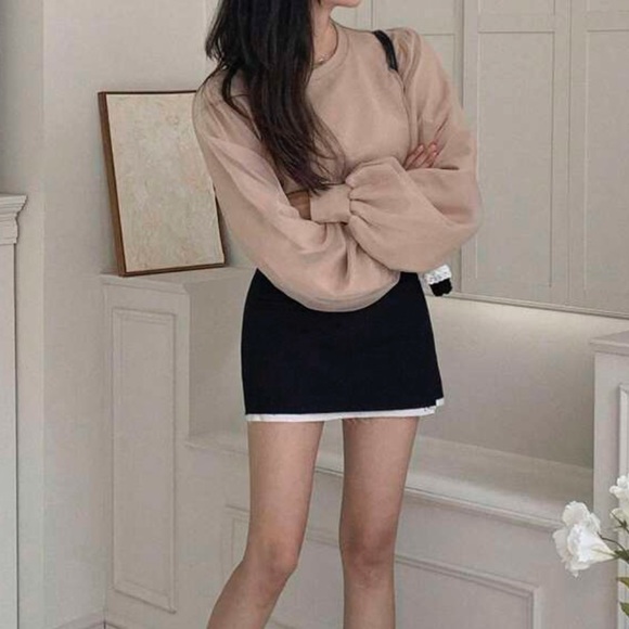 Light beige Mesh Panel Lantern puff Sleeve sweater Shirt blouse - Picture 5 of 7